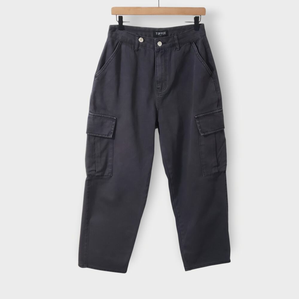 Womens Barrel Leg Cargo‎ High Rise Jeans Dark Gray Black Sz Small